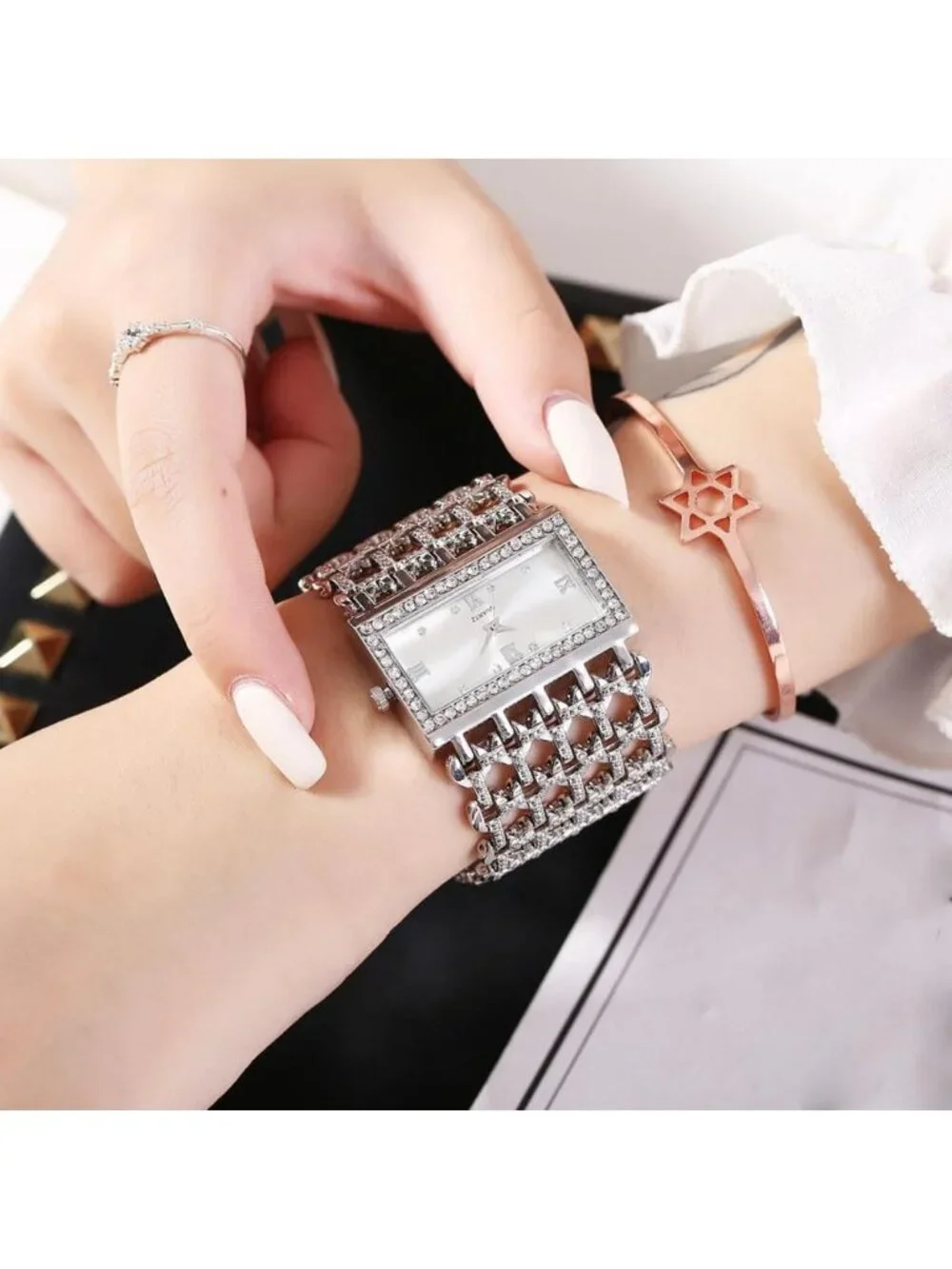 Women's Silver Luxury Rectangular Case Analog Quartz Fashion Dress Wrist Watch
